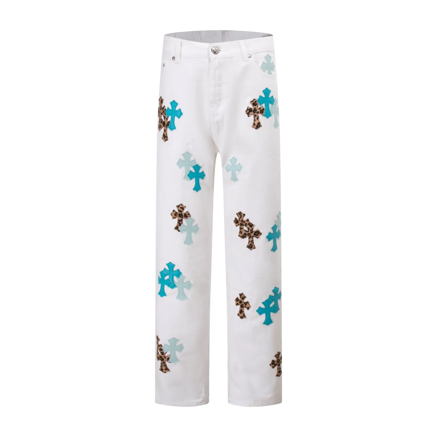 P260 Style number: H887 Croxin & 𝐂𝐡𝐫𝐨𝐦𝐞 𝐇𝐞𝐚𝐫𝐭 ss25 new ice blue leopard print cross patchwork leather jeans. Styles with different washed textures are very friendly to people with thin legs. The slightly flared version perfectly modifies the leg shape. The timeless and moderate length makes it easy to match and match. It is the basis for various styles and is a must-have in your wardrobe! The fabric is stiff but also makes the upper body soft without losing texture. The washing process is even more perfect. It is a must-have item for everyone! ! ! Washed wheat, tag, pants label, three labels complete Color: white Size: 28-30-32-34